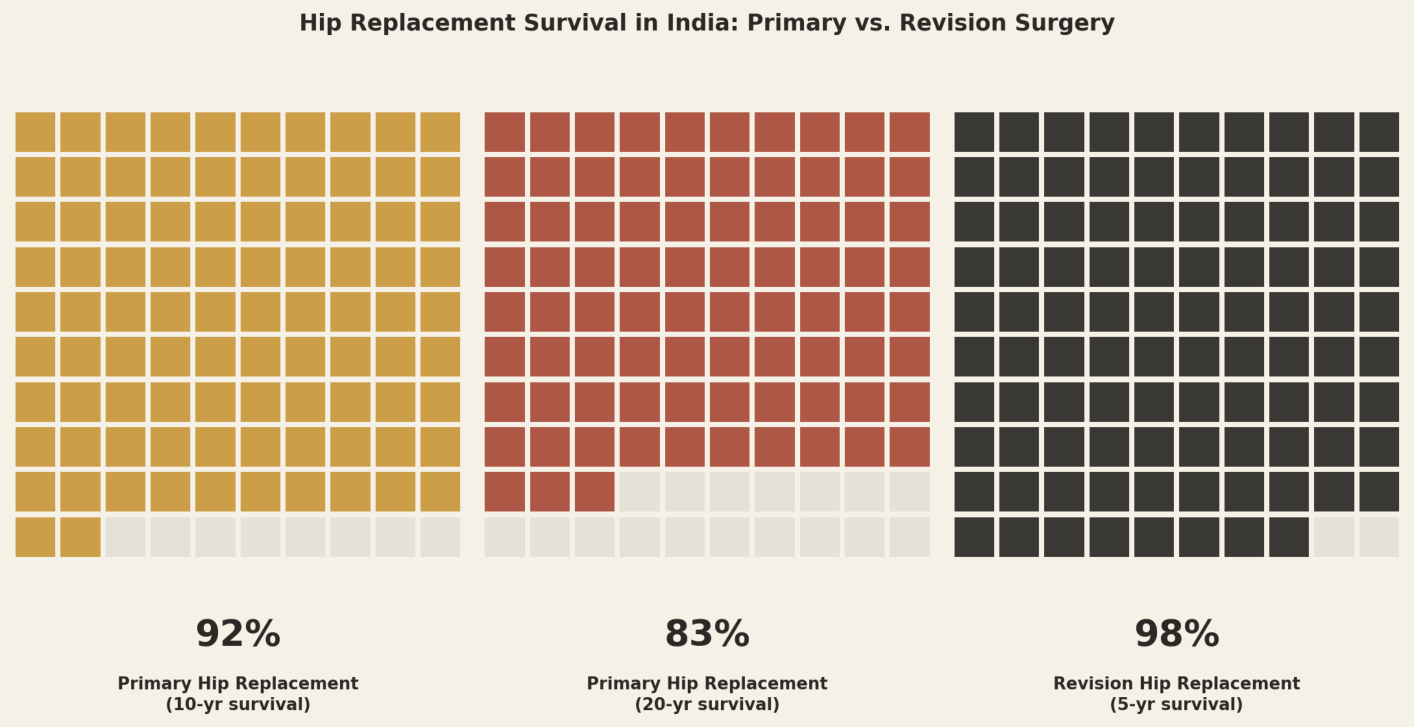 Hip replacement survival in India: primary versus revision surgery. Primary hip replacement (10-yr survival) 92%, primary hip replacement (20-yr survival) 83%, revision hip replacement (5-yr survival) 98%.