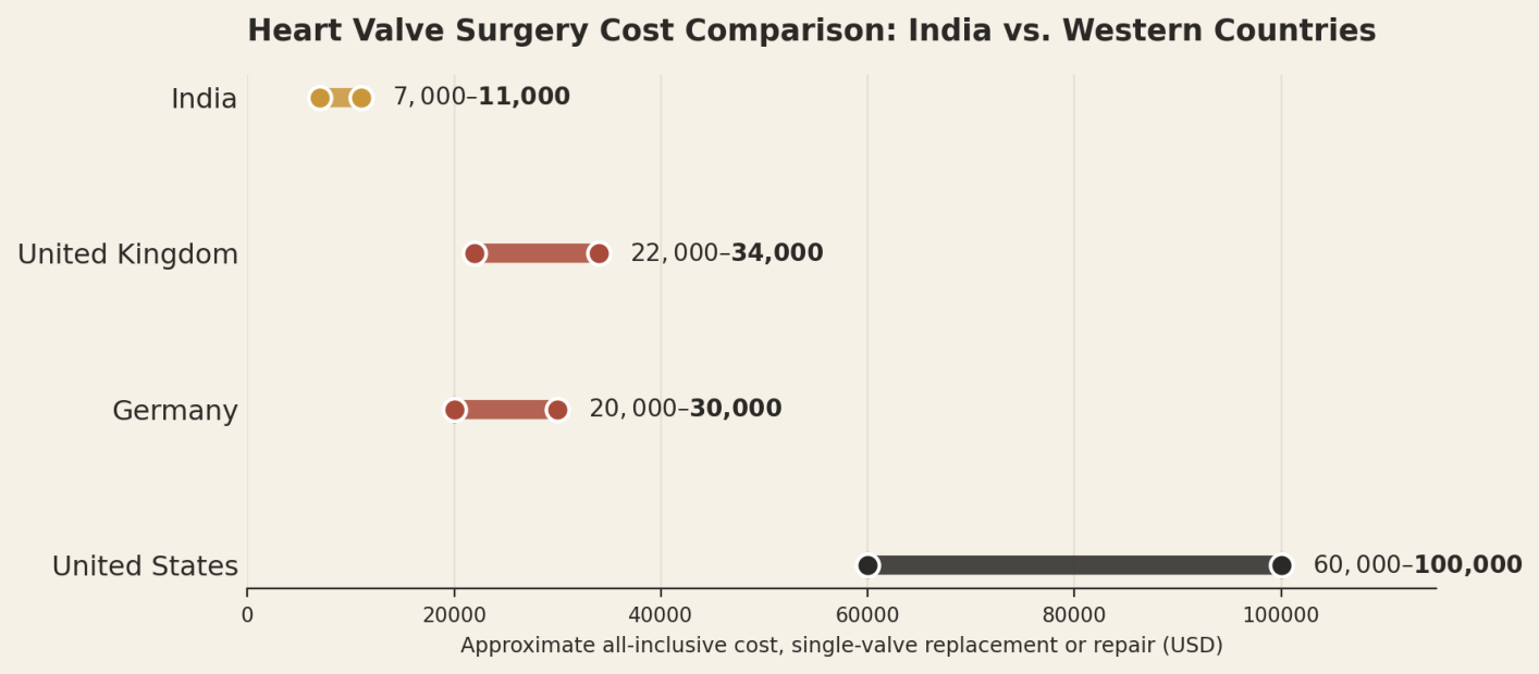 Illustrative all-inclusive ranges for a single-valve replacement or repair. Multi-valve and transcatheter procedures cost meaningfully more. India US$7,000 to US$11,000; United Kingdom US$22,000 to US$34,000; Germany US$20,000 to US$30,000; United States US$60,000 to US$100,000.