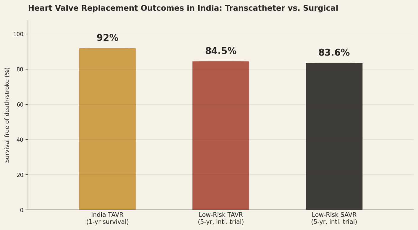Heart valve replacement outcomes in India: transcatheter versus surgical. India TAVR (1-yr survival) 92%, low-risk TAVR (5-yr, intl. trial) 84.5%, low-risk SAVR (5-yr, intl. trial) 83.6%.