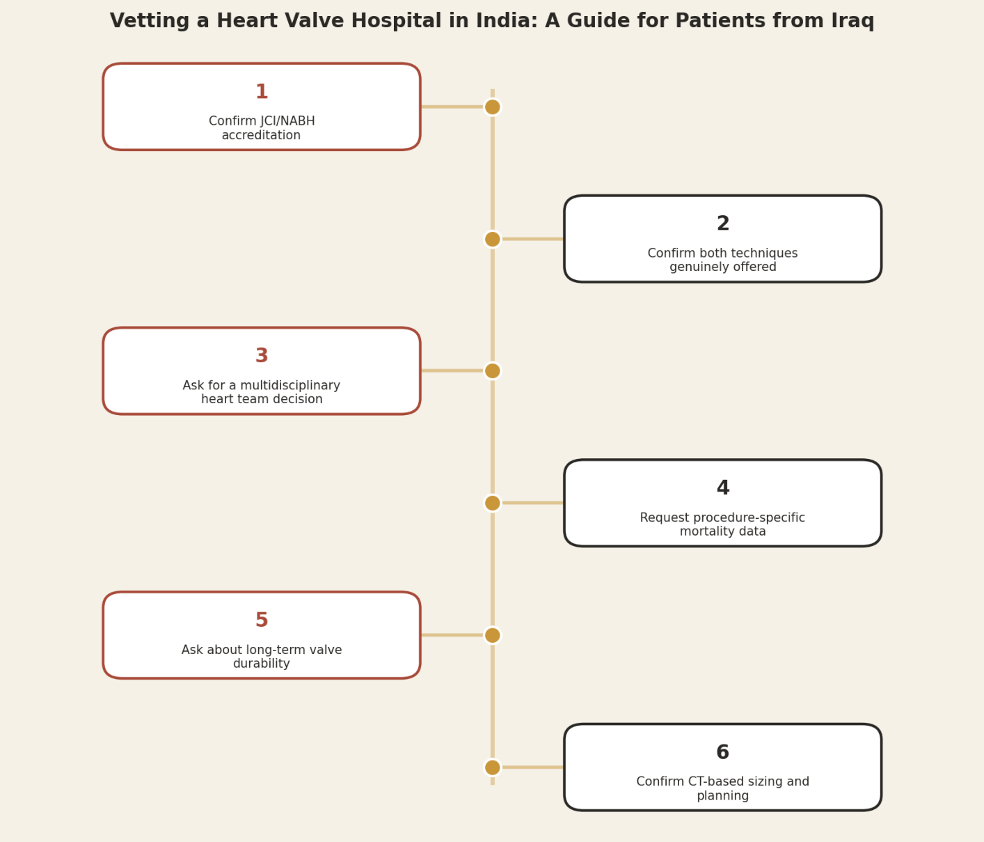 Vetting a heart valve hospital in India, a guide for patients from Iraq. Step 1: Confirm JCI/NABH accreditation. Step 2: Confirm both techniques genuinely offered. Step 3: Ask for a multidisciplinary heart team decision. Step 4: Request procedure-specific mortality data. Step 5: Ask about long-term valve durability. Step 6: Confirm CT-based sizing and planning.