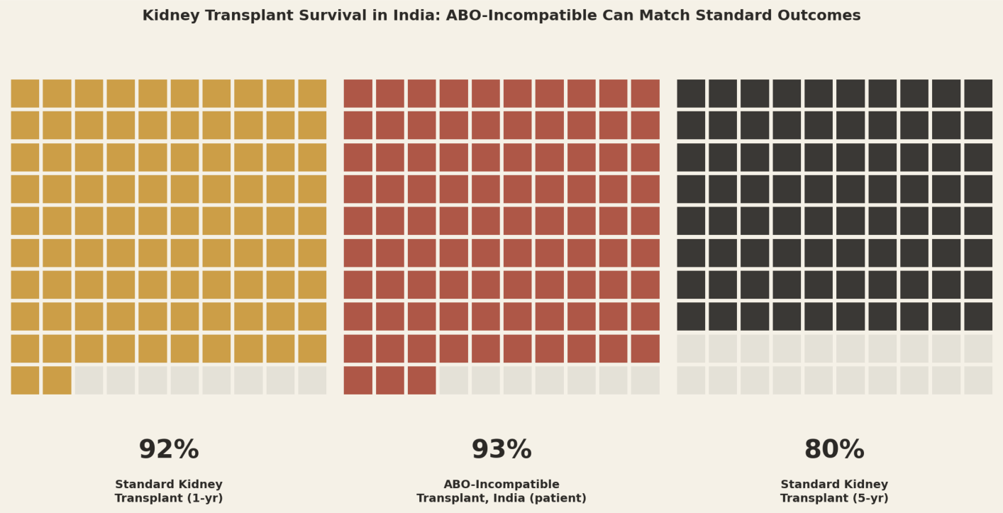 Kidney transplant survival in India: ABO-incompatible can match standard outcomes. Standard kidney transplant (1-yr) 92%, ABO-incompatible transplant India (patient) 93%, standard kidney transplant (5-yr) 80%.