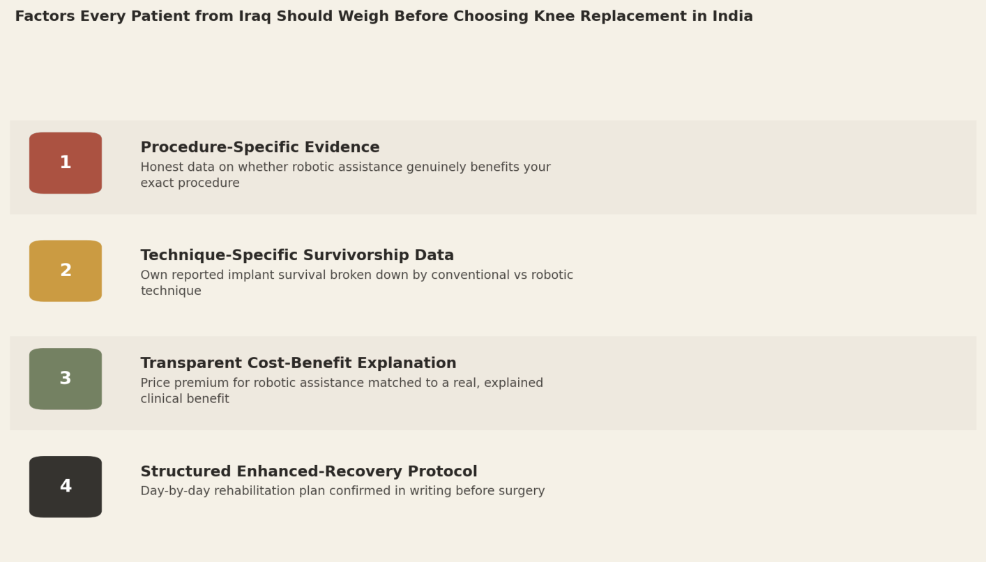Factors every patient from Iraq should weigh before choosing knee replacement in India. 1. Procedure-specific evidence: honest data on whether robotic assistance genuinely benefits your exact procedure. 2. Technique-specific survivorship data: own reported implant survival broken down by conventional vs robotic technique. 3. Transparent cost-benefit explanation: price premium for robotic assistance matched to a real, explained clinical benefit. 4. Structured enhanced-recovery protocol: day-by-day rehabilitation plan confirmed in writing before surgery.