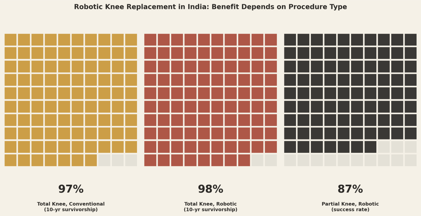 Robotic knee replacement in India: benefit depends on procedure type. Total knee, conventional (10-yr survivorship) 97%, total knee, robotic (10-yr survivorship) 98%, partial knee, robotic (success rate) 87%.