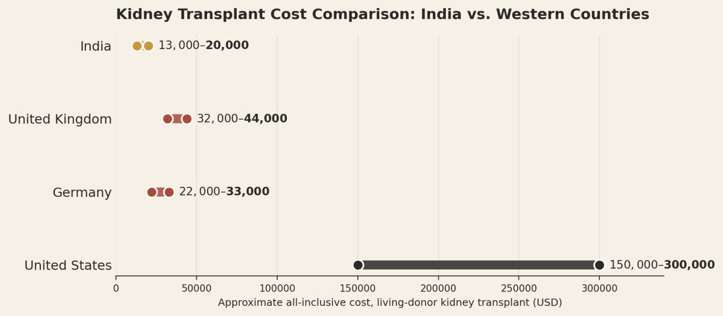 Illustrative all-inclusive ranges for a living-donor kidney transplant covering both patient and donor surgery. India US$13,000 to US$20,000; United Kingdom US$32,000 to US$44,000; Germany US$22,000 to US$33,000; United States US$150,000 to US$300,000.