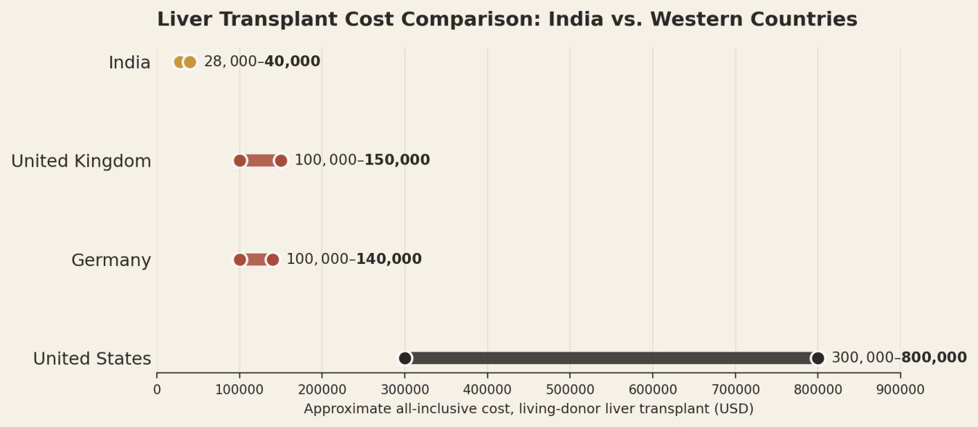 Illustrative all-inclusive ranges for a living-donor liver transplant covering both patient and donor surgery. India US$28,000 to US$40,000; United Kingdom US$100,000 to US$150,000; Germany US$100,000 to US$140,000; United States US$300,000 to US$800,000.