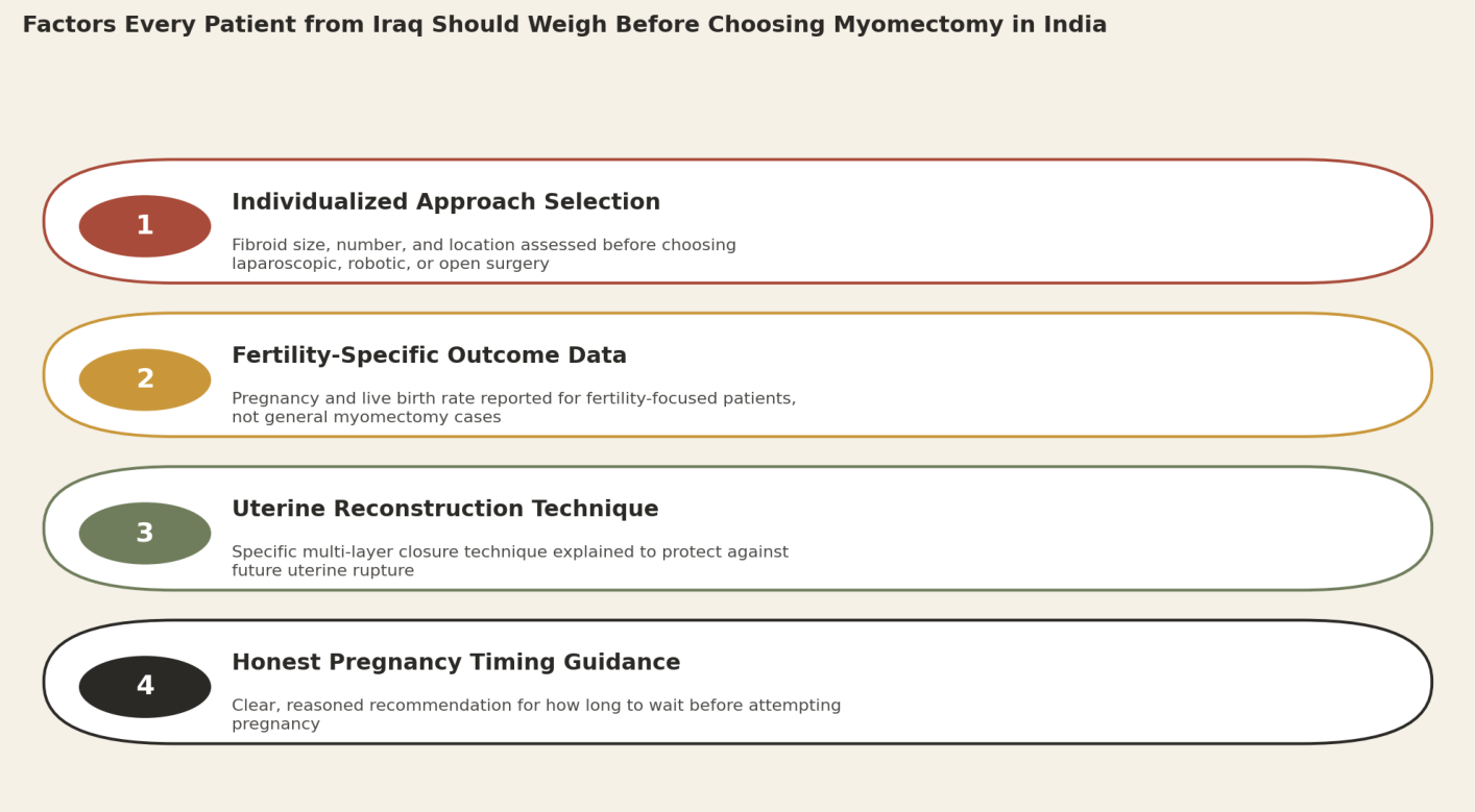Factors every patient from Iraq should weigh before choosing myomectomy in India. 1. Individualized approach selection: fibroid size, number, and location assessed before choosing laparoscopic, robotic, or open surgery. 2. Fertility-specific outcome data: pregnancy and live birth rate reported for fertility-focused patients, not general myomectomy cases. 3. Uterine reconstruction technique: specific multi-layer closure technique explained to protect against future uterine rupture. 4. Honest pregnancy timing guidance: clear, reasoned recommendation for how long to wait before attempting pregnancy.