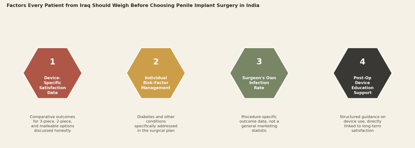 Factors every patient from Iraq should weigh before choosing penile implant surgery in India. 1. Device-specific satisfaction data: comparative outcomes for 3-piece, 2-piece, and malleable options discussed honestly. 2. Individual risk-factor management: diabetes and other conditions specifically addressed in the surgical plan. 3. Surgeon's own infection rate: procedure-specific outcome data, not a general marketing statistic. 4. Post-op device education support: structured guidance on device use, directly linked to long-term satisfaction.