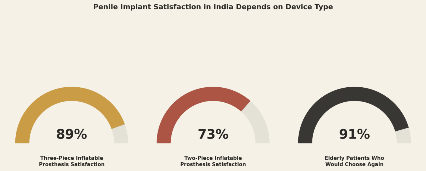 Penile implant satisfaction in India depends on device type. Three-piece inflatable prosthesis satisfaction 89%, two-piece inflatable prosthesis satisfaction 73%, elderly patients who would choose again 91%.