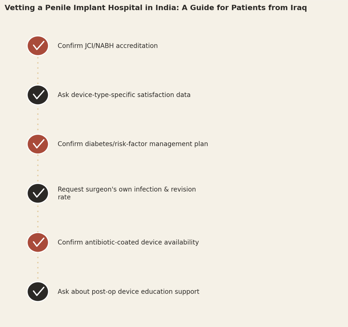 Vetting a penile implant hospital in India, a guide for patients from Iraq. Confirm JCI/NABH accreditation. Ask device-type-specific satisfaction data. Confirm diabetes/risk-factor management plan. Request surgeon's own infection and revision rate. Confirm antibiotic-coated device availability. Ask about post-op device education support.