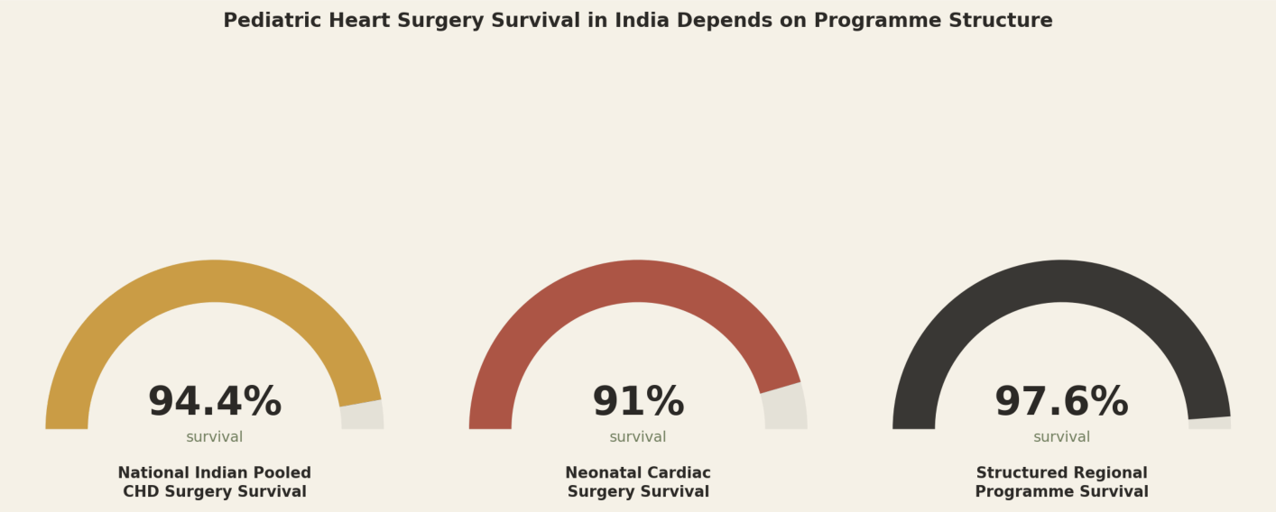 Pediatric heart surgery survival in India depends on programme structure. National Indian pooled CHD surgery survival 94.4%, neonatal cardiac surgery survival 91%, structured regional programme survival 97.6%.