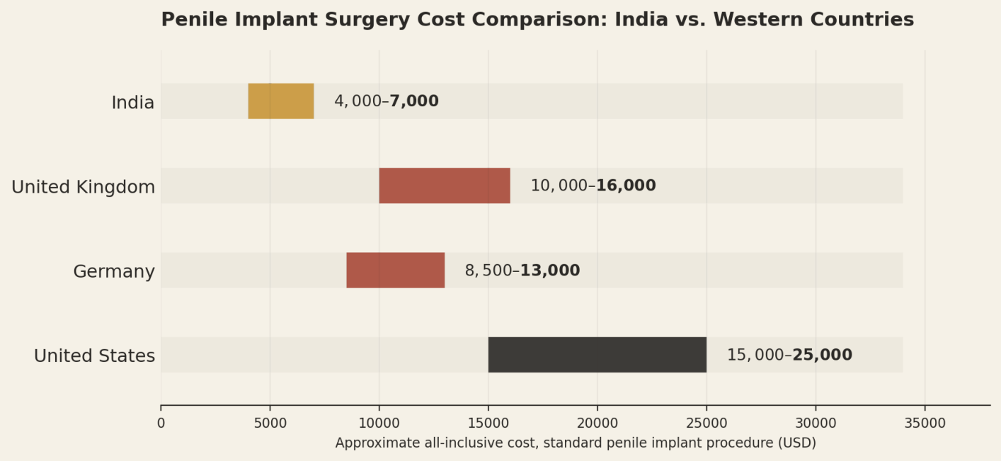 Illustrative all-inclusive ranges for a standard implant. Inflatable devices generally cost more than malleable systems. India US$4,000 to US$7,000; United Kingdom US$10,000 to US$16,000; Germany US$8,500 to US$13,000; United States US$15,000 to US$25,000.