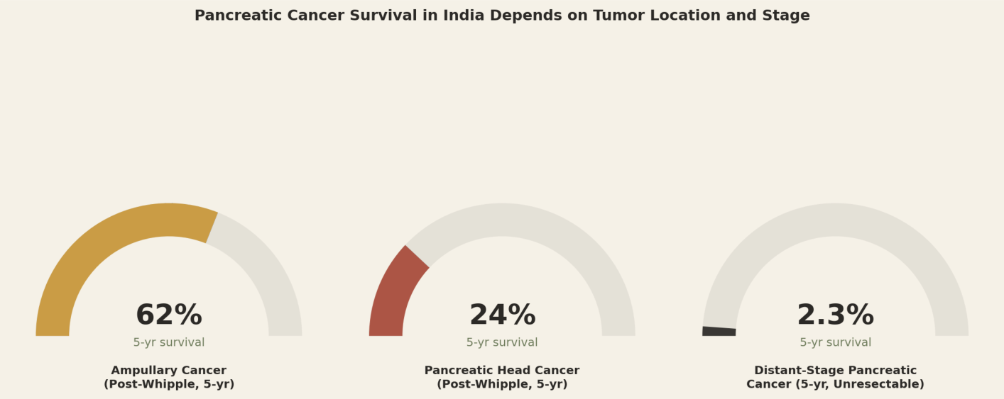 Pancreatic cancer survival in India depends on tumor location and stage. Ampullary cancer (post-Whipple, 5-yr) 62%, pancreatic head cancer (post-Whipple, 5-yr) 24%, distant-stage pancreatic cancer (5-yr, unresectable) 2.3%.