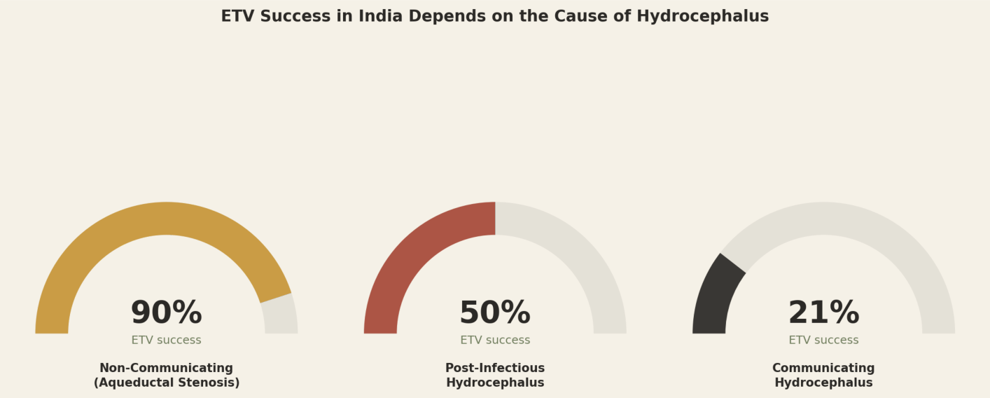ETV success in India depends on the cause of hydrocephalus. Non-communicating (aqueductal stenosis) 90%, post-infectious hydrocephalus 50%, communicating hydrocephalus 21%.