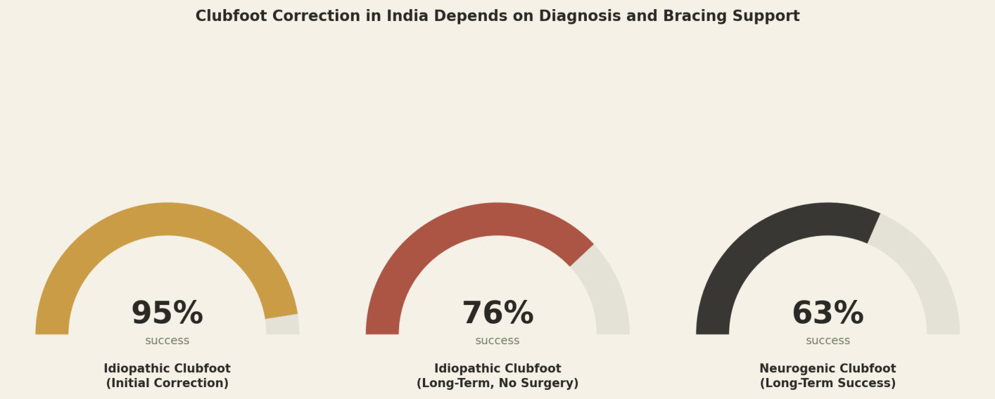 Clubfoot correction in India depends on diagnosis and bracing support. Idiopathic clubfoot (initial correction) 95%, idiopathic clubfoot (long-term, no surgery) 76%, neurogenic clubfoot (long-term success) 63%.