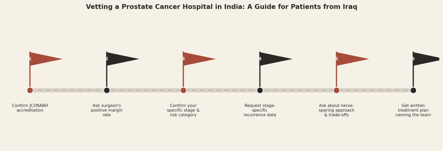 Vetting a prostate cancer hospital in India, a guide for patients from Iraq. Step 1: Confirm JCI/NABH accreditation. Step 2: Ask surgeon's positive margin rate. Step 3: Confirm your specific stage and risk category. Step 4: Request stage-specific recurrence data. Step 5: Ask about nerve-sparing approach and trade-offs. Step 6: Get written treatment plan naming the team.