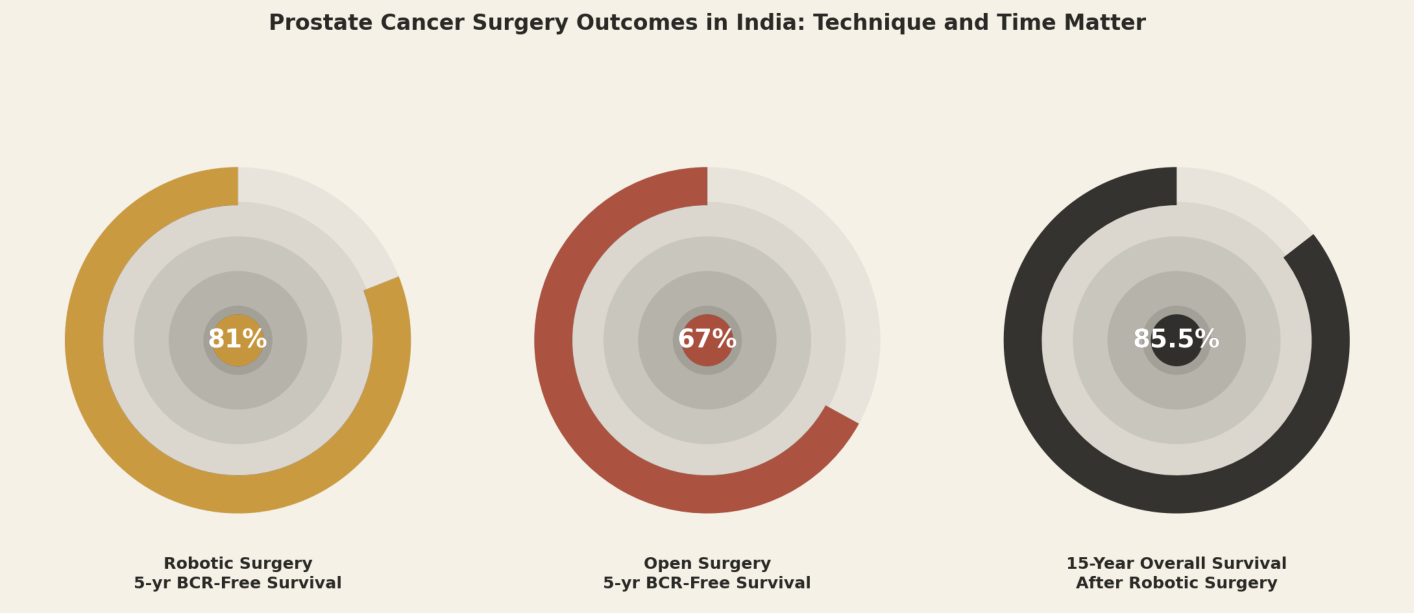 Prostate cancer surgery outcomes in India: technique and time matter. Robotic surgery 5-yr BCR-free survival 81%, open surgery 5-yr BCR-free survival 67%, 15-year overall survival after robotic surgery 85.5%.
