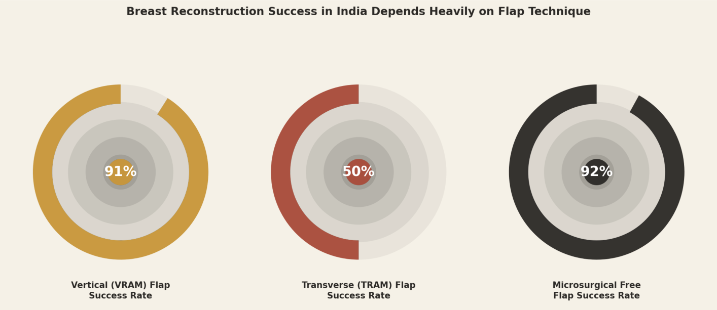 Breast reconstruction success in India depends heavily on flap technique. Vertical (VRAM) flap success rate 91%, transverse (TRAM) flap success rate 50%, microsurgical free flap success rate 92%.