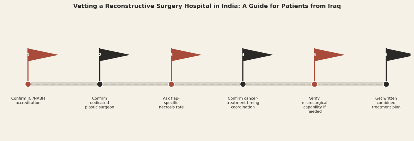 Vetting a reconstructive surgery hospital in India, a guide for patients from Iraq. Step 1: Confirm JCI/NABH accreditation. Step 2: Confirm dedicated plastic surgeon. Step 3: Ask flap-specific necrosis rate. Step 4: Confirm cancer-treatment timing coordination. Step 5: Verify microsurgical capability if needed. Step 6: Get written combined treatment plan.