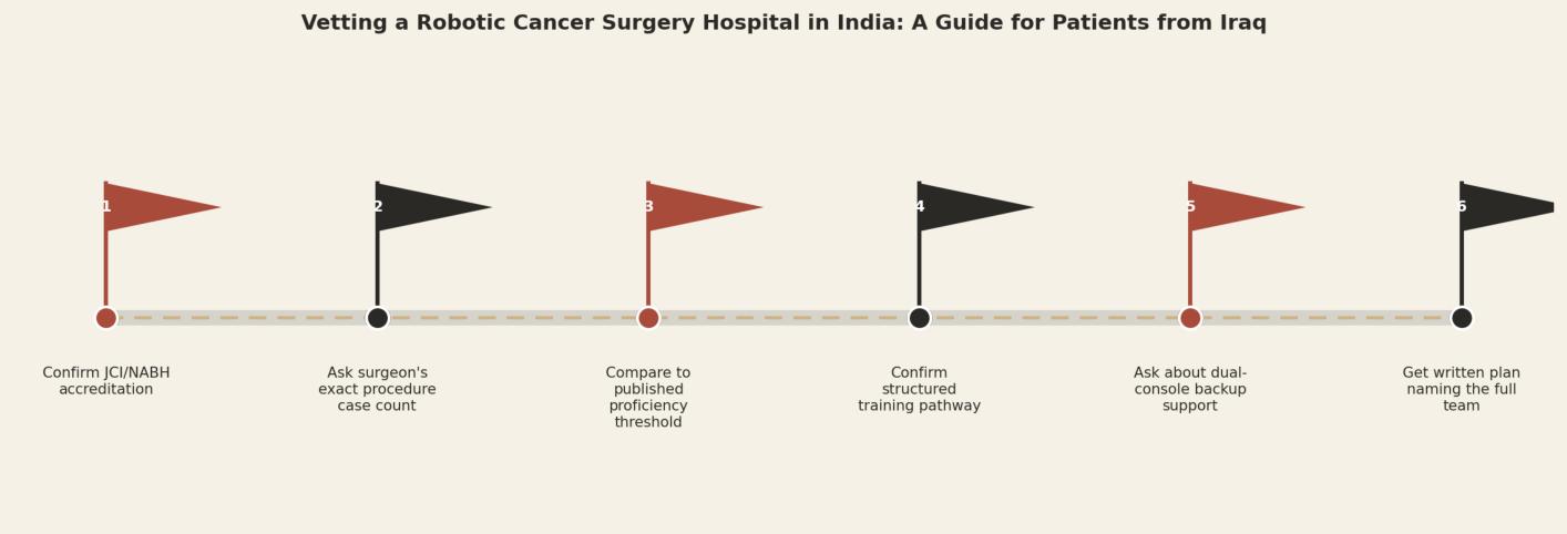 Vetting a robotic cancer surgery hospital in India, a guide for patients from Iraq. Step 1: Confirm JCI/NABH accreditation. Step 2: Ask surgeon's exact procedure case count. Step 3: Compare to published proficiency threshold. Step 4: Confirm structured training pathway. Step 5: Ask about dual-console backup support. Step 6: Get written plan naming the full team.
