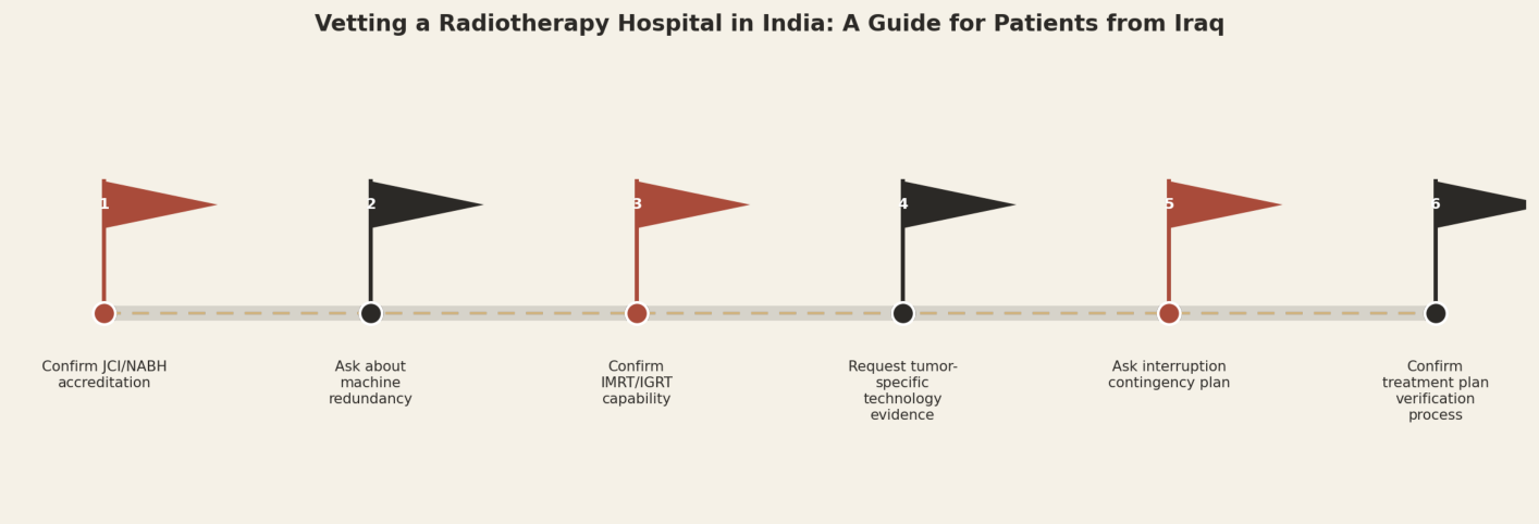 Vetting a radiotherapy hospital in India, a guide for patients from Iraq. Step 1: Confirm JCI/NABH accreditation. Step 2: Ask about machine redundancy. Step 3: Confirm IMRT/IGRT capability. Step 4: Request tumor-specific technology evidence. Step 5: Ask interruption contingency plan. Step 6: Confirm treatment plan verification process.