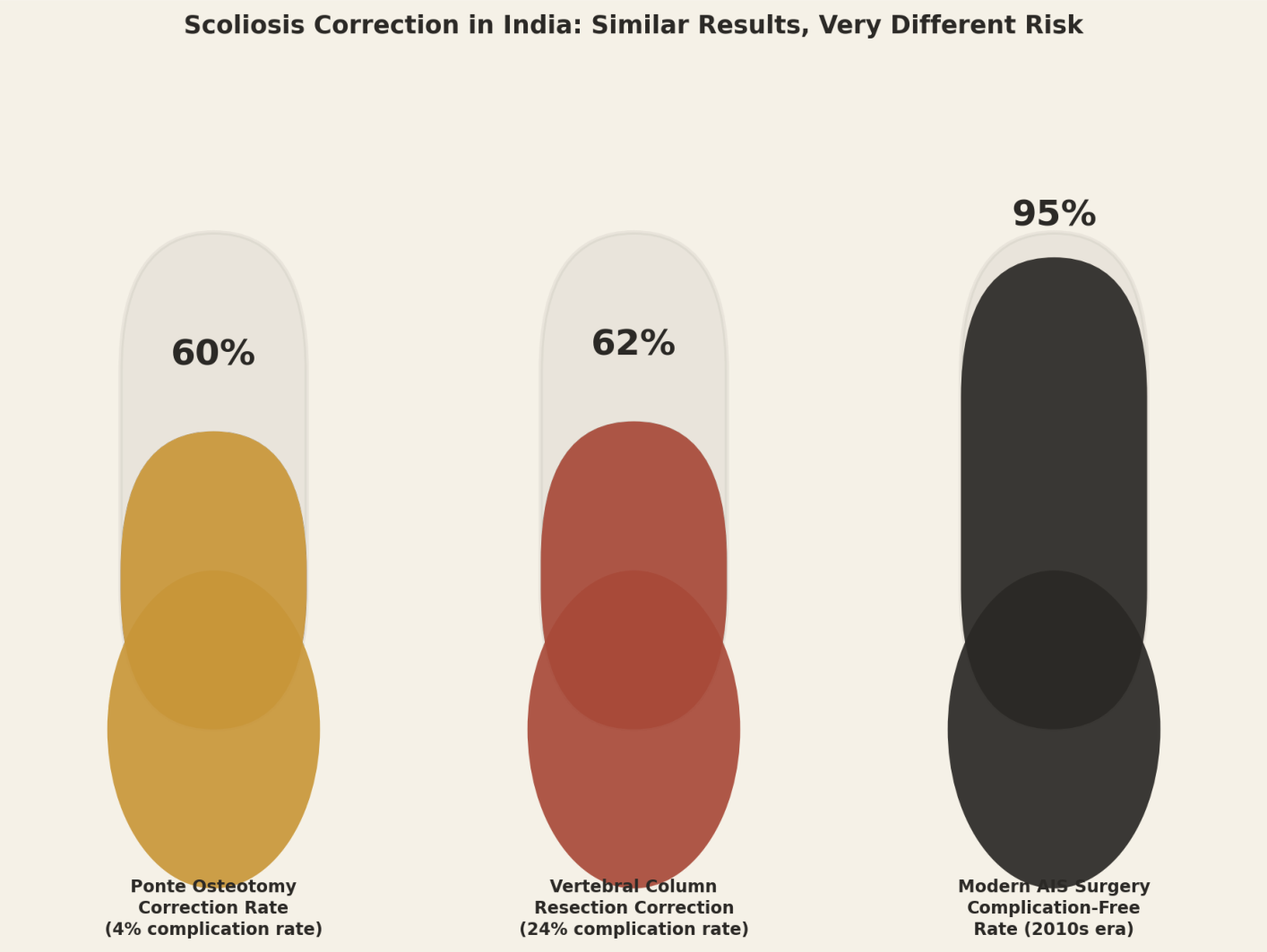 Scoliosis correction in India: similar results, very different risk. Ponte osteotomy correction rate 60% with 4% complication rate. Vertebral column resection correction 62% with 24% complication rate. Modern AIS surgery complication-free rate 95% (2010s era).