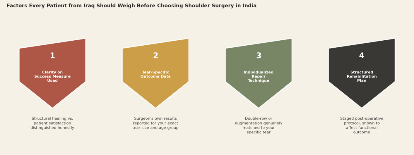 Factors every patient from Iraq should weigh before choosing shoulder surgery in India. 1. Clarity on success measure used: structural healing vs. patient satisfaction distinguished honestly. 2. Tear-specific outcome data: surgeon's own results reported for your exact tear size and age group. 3. Individualized repair technique: double-row or augmentation genuinely matched to your specific tear. 4. Structured rehabilitation plan: staged post-operative protocol, shown to affect functional outcome.