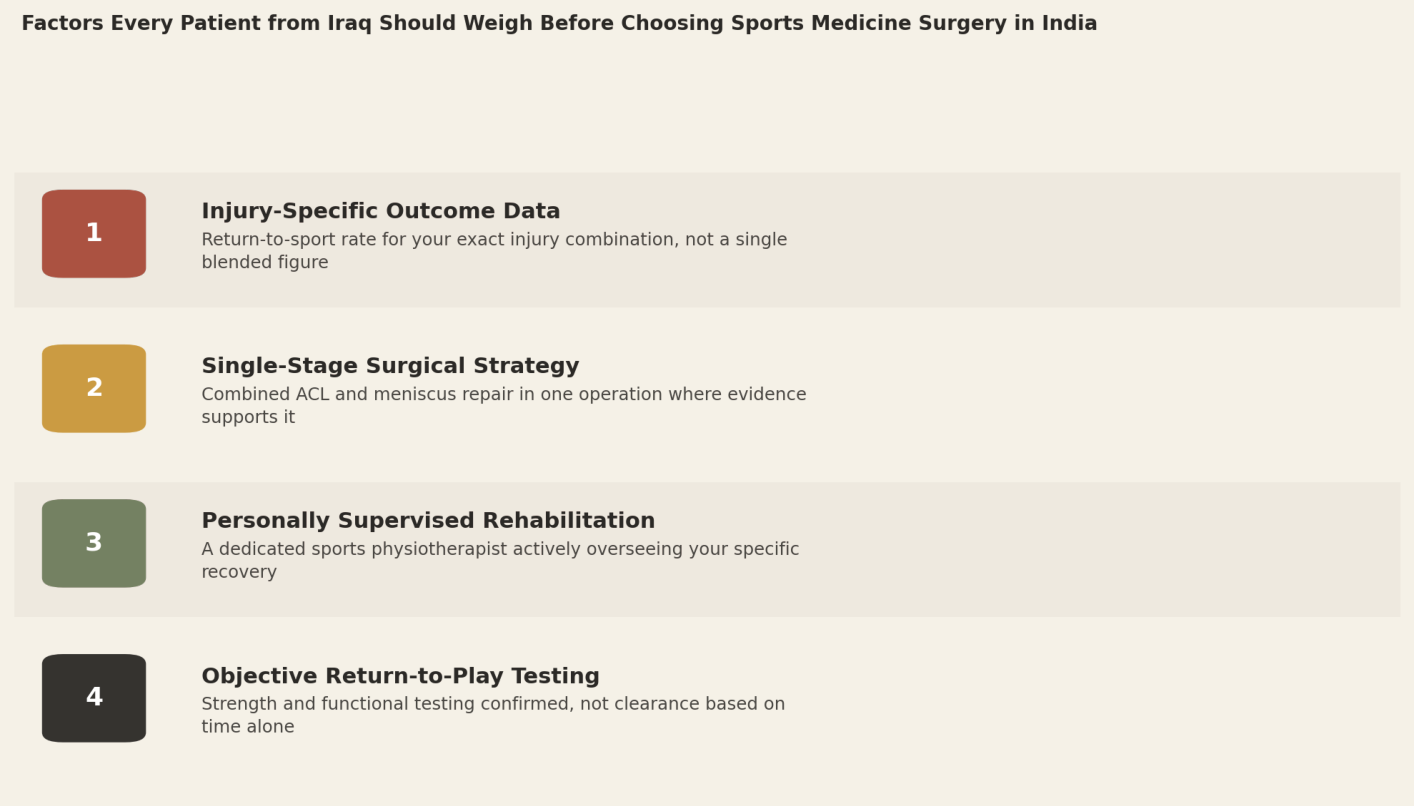 Factors every patient from Iraq should weigh before choosing sports medicine surgery in India. 1. Injury-specific outcome data: return-to-sport rate for your exact injury combination, not a single blended figure. 2. Single-stage surgical strategy: combined ACL and meniscus repair in one operation where evidence supports it. 3. Personally supervised rehabilitation: a dedicated sports physiotherapist actively overseeing your specific recovery. 4. Objective return-to-play testing: strength and functional testing confirmed, not clearance based on time alone.