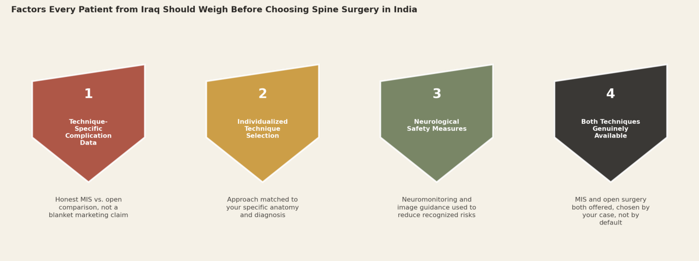Factors every patient from Iraq should weigh before choosing spine surgery in India. 1. Technique-specific complication data: honest MIS vs. open comparison, not a blanket marketing claim. 2. Individualized technique selection: approach matched to your specific anatomy and diagnosis. 3. Neurological safety measures: neuromonitoring and image guidance used to reduce recognized risks. 4. Both techniques genuinely available: MIS and open surgery both offered, chosen by your case, not by default.