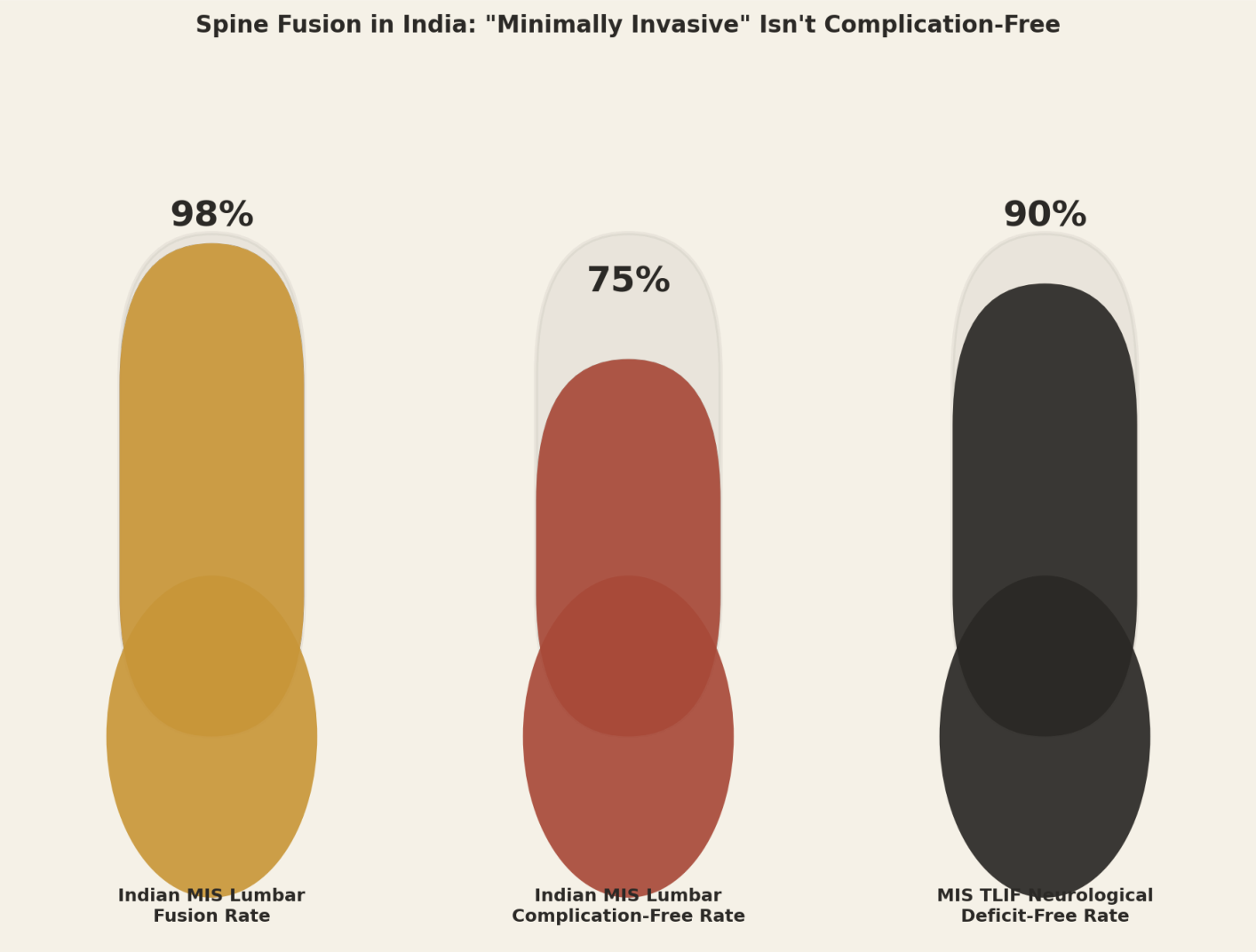 Spine fusion in India: minimally invasive isn't complication-free. Indian MIS lumbar fusion rate 98%. Indian MIS lumbar complication-free rate 75%. MIS TLIF neurological deficit-free rate 90%.