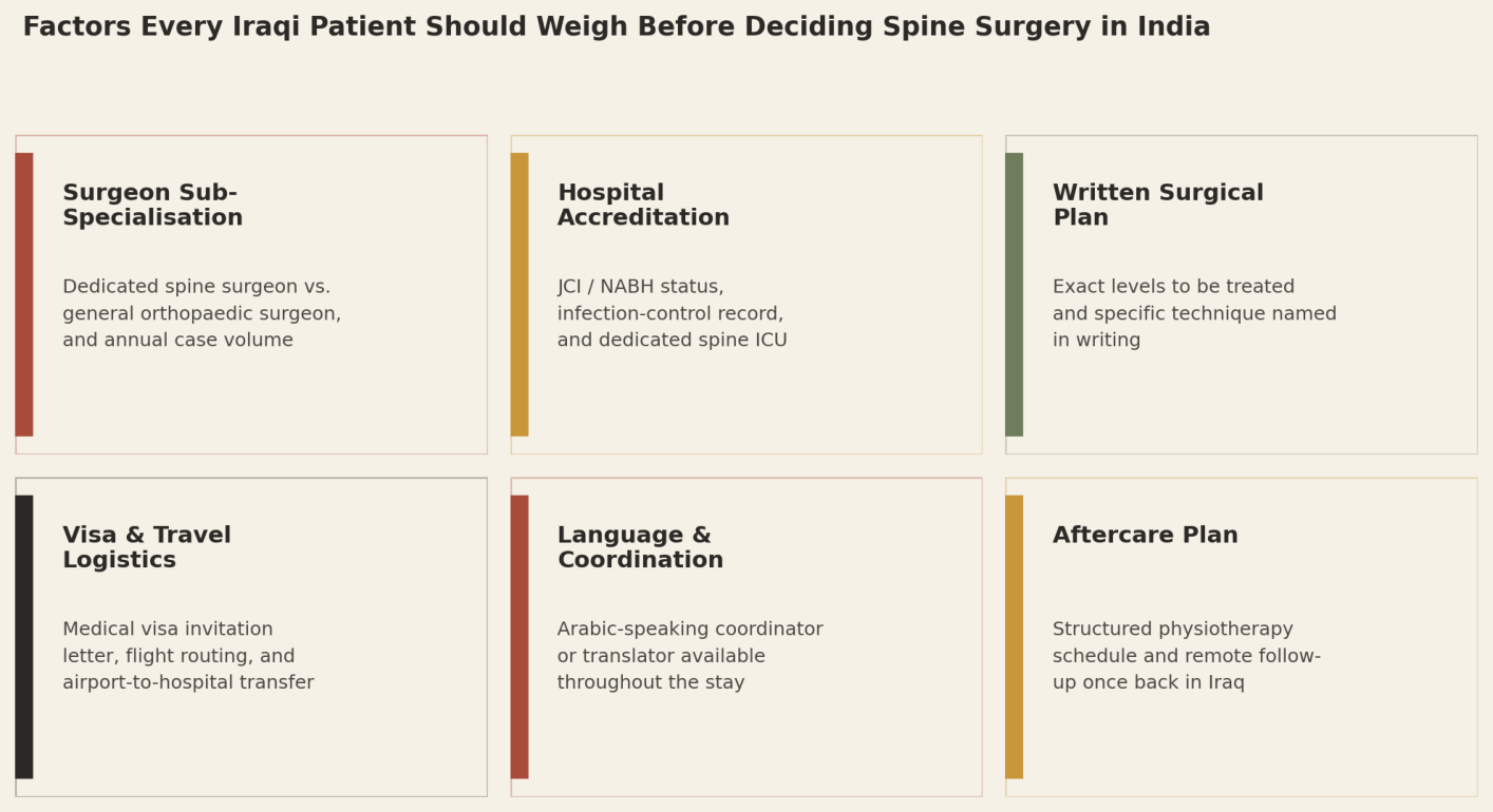 Factors every Iraqi patient should weigh before deciding spine surgery in India: Surgeon Sub-Specialisation; Hospital Accreditation; Written Surgical Plan; Visa and Travel Logistics; Language and Coordination; Aftercare Plan.