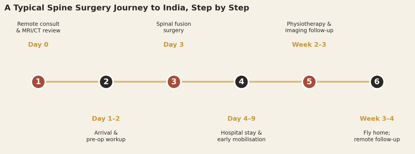 A typical single-level fusion patient can expect roughly three to four weeks in total, from consultation to flying home.