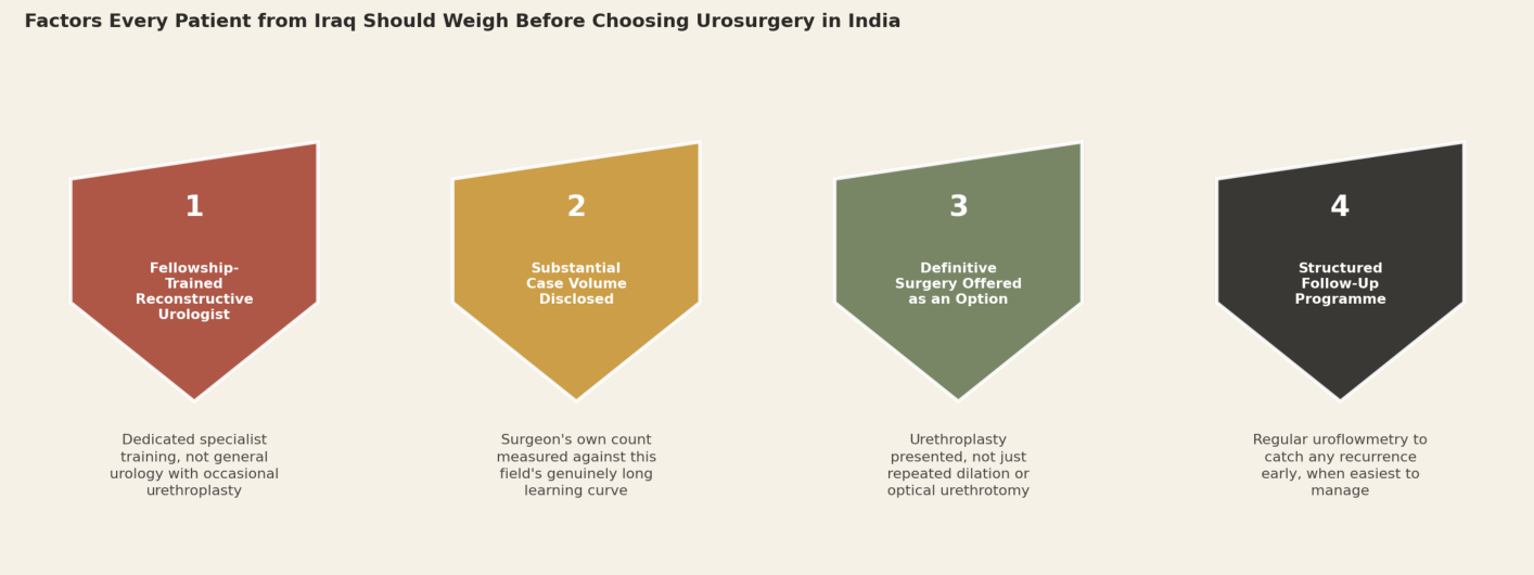 Factors every patient from Iraq should weigh before choosing urosurgery in India. 1. Fellowship-trained reconstructive urologist: dedicated specialist training, not general urology with occasional urethroplasty. 2. Substantial case volume disclosed: surgeon's own count measured against this field's genuinely long learning curve. 3. Definitive surgery offered as an option: urethroplasty presented, not just repeated dilation or optical urethrotomy. 4. Structured follow-up programme: regular uroflowmetry to catch any recurrence early, when easiest to manage.