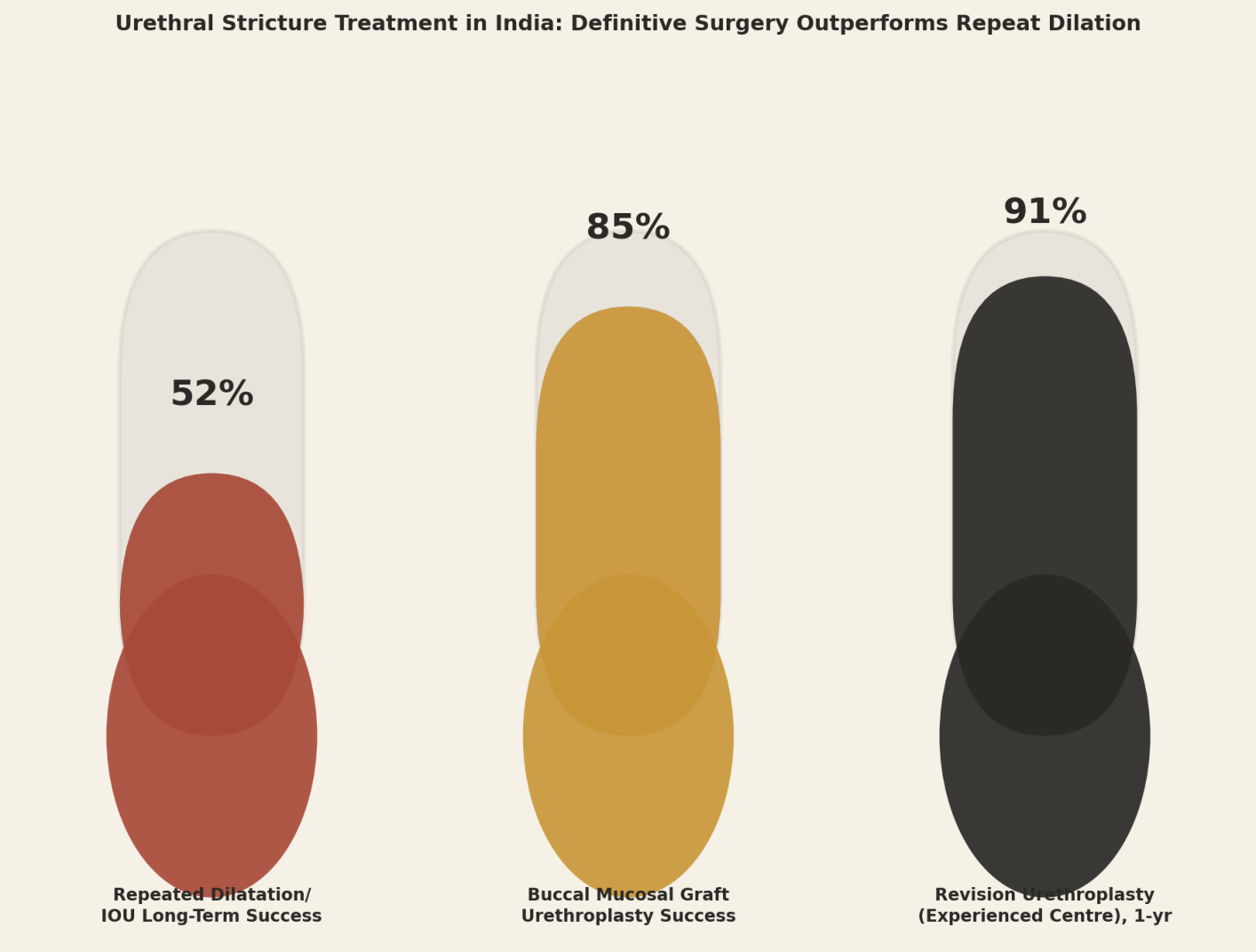 Urethral stricture treatment in India: definitive surgery outperforms repeat dilation. Repeated dilatation/IOU long-term success 52%. Buccal mucosal graft urethroplasty success 85%. Revision urethroplasty (experienced centre), 1-yr, 91%.