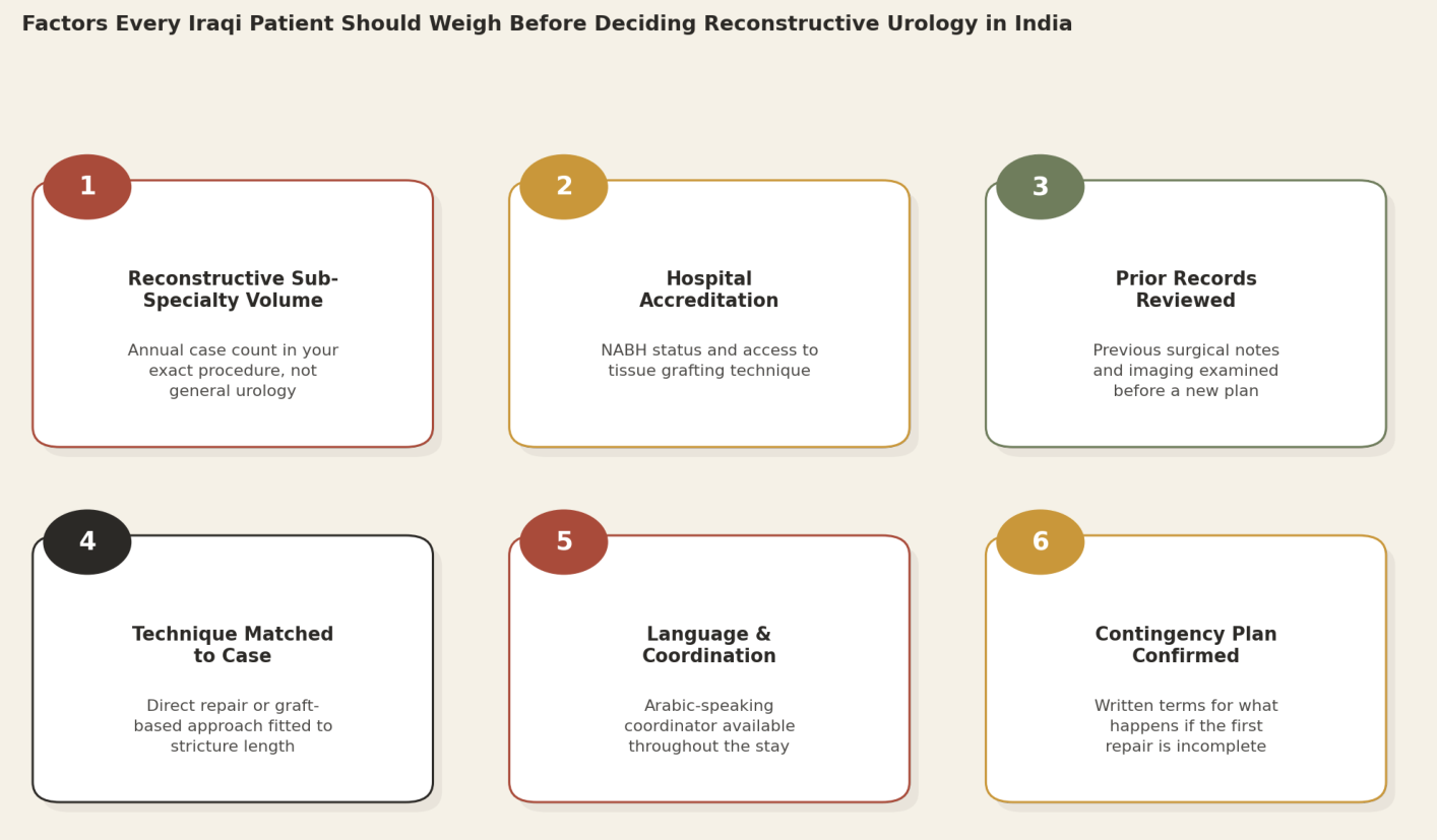 Factors every Iraqi patient should weigh before deciding reconstructive urology in India: Reconstructive Sub-Specialty Volume; Hospital Accreditation; Prior Records Reviewed; Technique Matched to Case; Language and Coordination; Contingency Plan Confirmed.