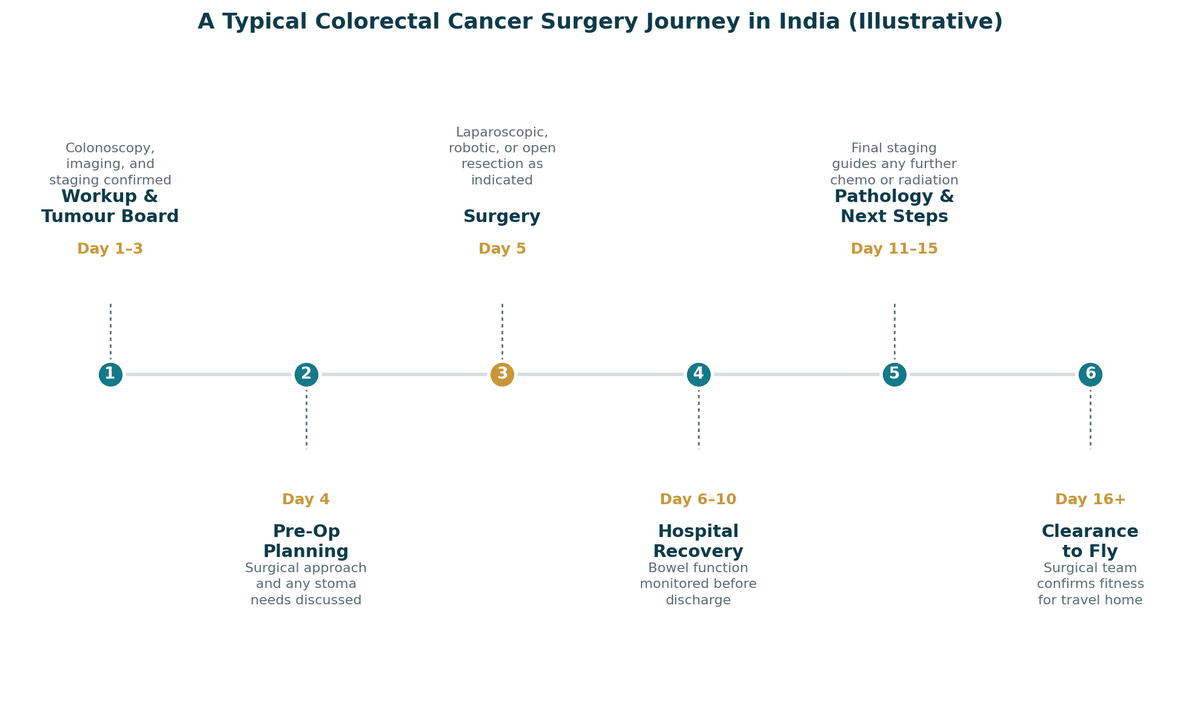 A typical colorectal cancer surgery journey in India, illustrative: days 1 to 3 work-up with colonoscopy, imaging and tumour-board review; day 4 pre-operative planning; day 5 colorectal resection; days 6 to 10 hospital recovery; days 11 to 15 pathology and planning for further treatment; day 16 and beyond clearance to fly.