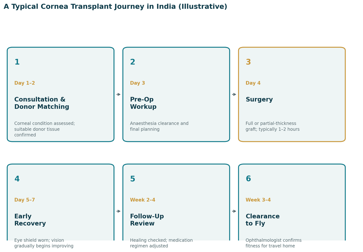 A typical cornea transplant journey in India, illustrative three-to-four-week pathway: days 1 to 2 consultation and donor matching with corneal imaging; day 3 pre-operative work-up; day 4 keratoplasty; days 5 to 7 early recovery; weeks 2 to 4 follow-up review; weeks 3 to 4 ophthalmologist clearance to fly.