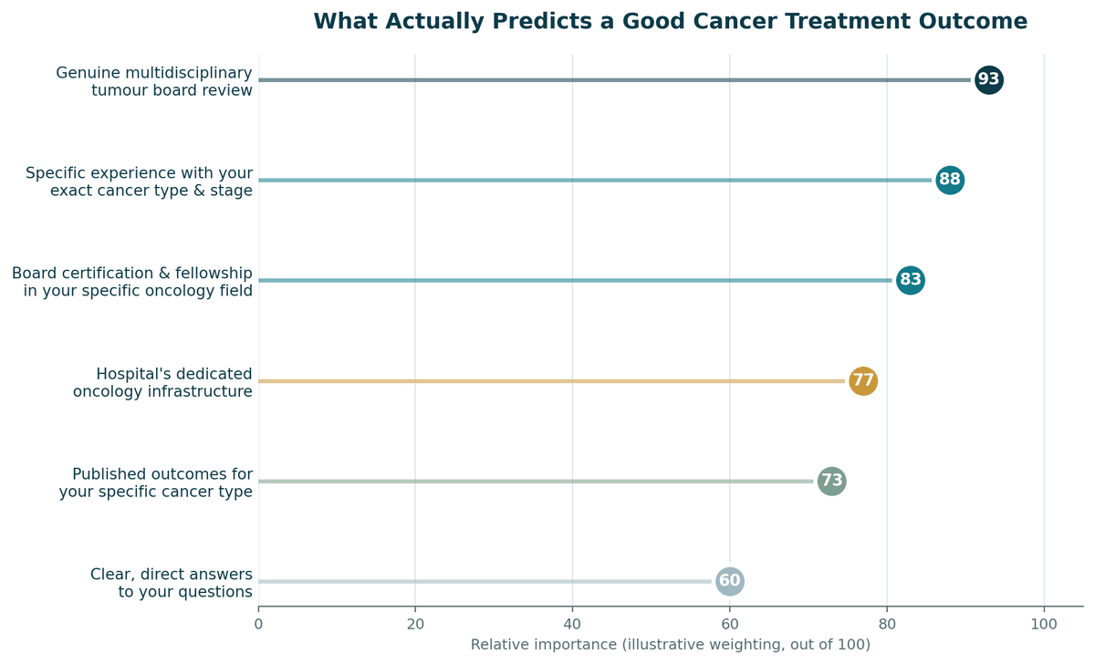 Chart, what predicts a good outcome for Cancer Treatment in India, illustrative relative weighting.