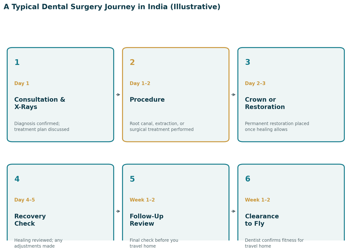 A typical dental surgery journey in India, illustrative: day 1 consultation and X-rays; days 1 to 2 the dental procedure; days 2 to 3 crown or restoration; days 4 to 5 recovery check; weeks 1 to 2 follow-up; final clearance to travel.