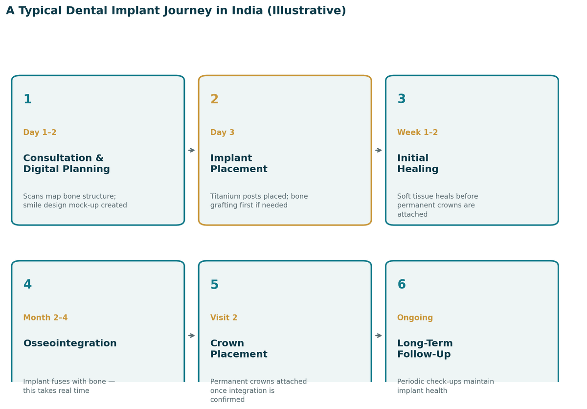 A typical dental implant journey in India, illustrative: days 1 to 2 consultation and digital planning; around day 3 implant placement; weeks 1 to 2 initial healing; months 2 to 4 osseointegration; a second visit for crown placement once integration is confirmed; continuing long-term follow-up.