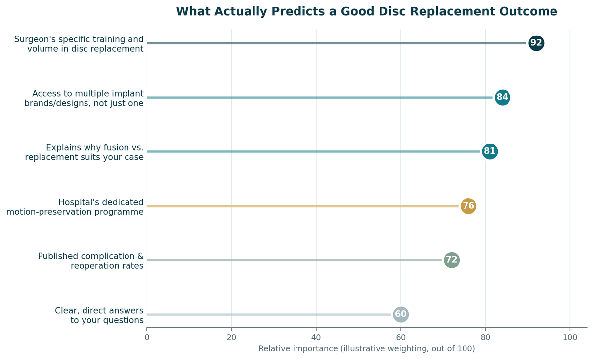 Chart, what predicts a good outcome for Disc Replacement in India, illustrative relative weighting.
