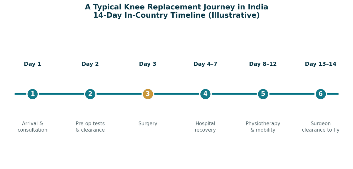 A typical knee surgery journey in India, illustrative 14-day pathway: day 1 arrival and consultation; day 2 pre-operative testing; day 3 surgery; days 4 to 7 hospital recovery; days 8 to 12 physiotherapy and mobility; days 13 to 14 surgeon clearance to fly.