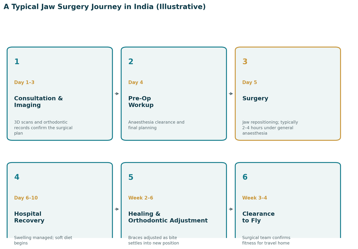 A typical jaw surgery journey in India, illustrative three-to-four-week surgical phase: days 1 to 3 consultation and imaging; day 4 pre-operative work-up; day 5 surgery; days 6 to 10 hospital recovery; weeks 2 to 6 healing and orthodontic adjustment; weeks 3 to 4 clearance to fly.