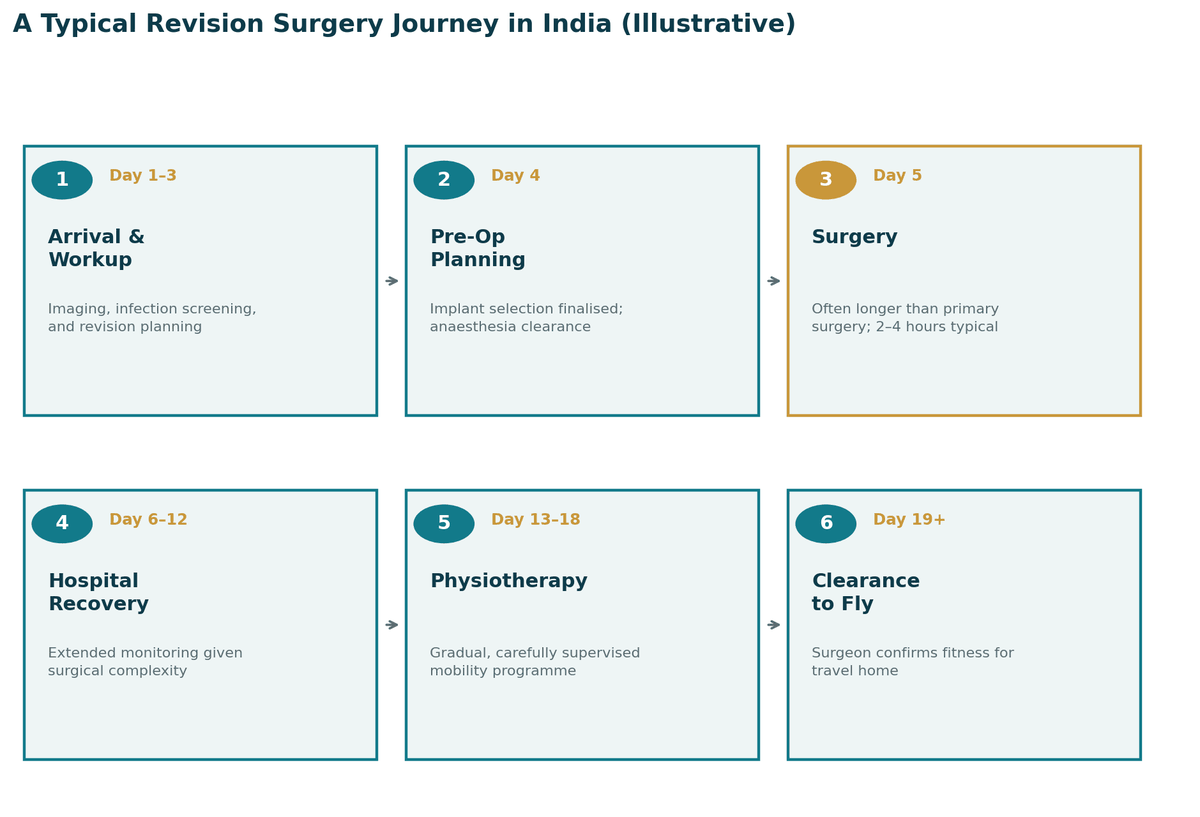 A typical joint revision surgery journey in India, illustrative: days 1 to 3 work-up and infection screening; day 4 pre-operative planning; day 5 revision hip or knee surgery; days 6 to 12 hospital recovery; days 13 to 18 physiotherapy; day 19 and beyond clearance to fly. Staged or infected cases may take longer.