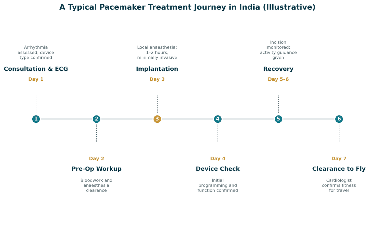 A typical pacemaker treatment journey in India, illustrative: day 1 consultation and ECG with arrhythmia and device type confirmed; day 2 pre-op workup; day 3 minimally invasive implantation under local anaesthesia; day 4 device check with initial programming; days 5 to 6 recovery; day 7 cardiology clearance to fly.