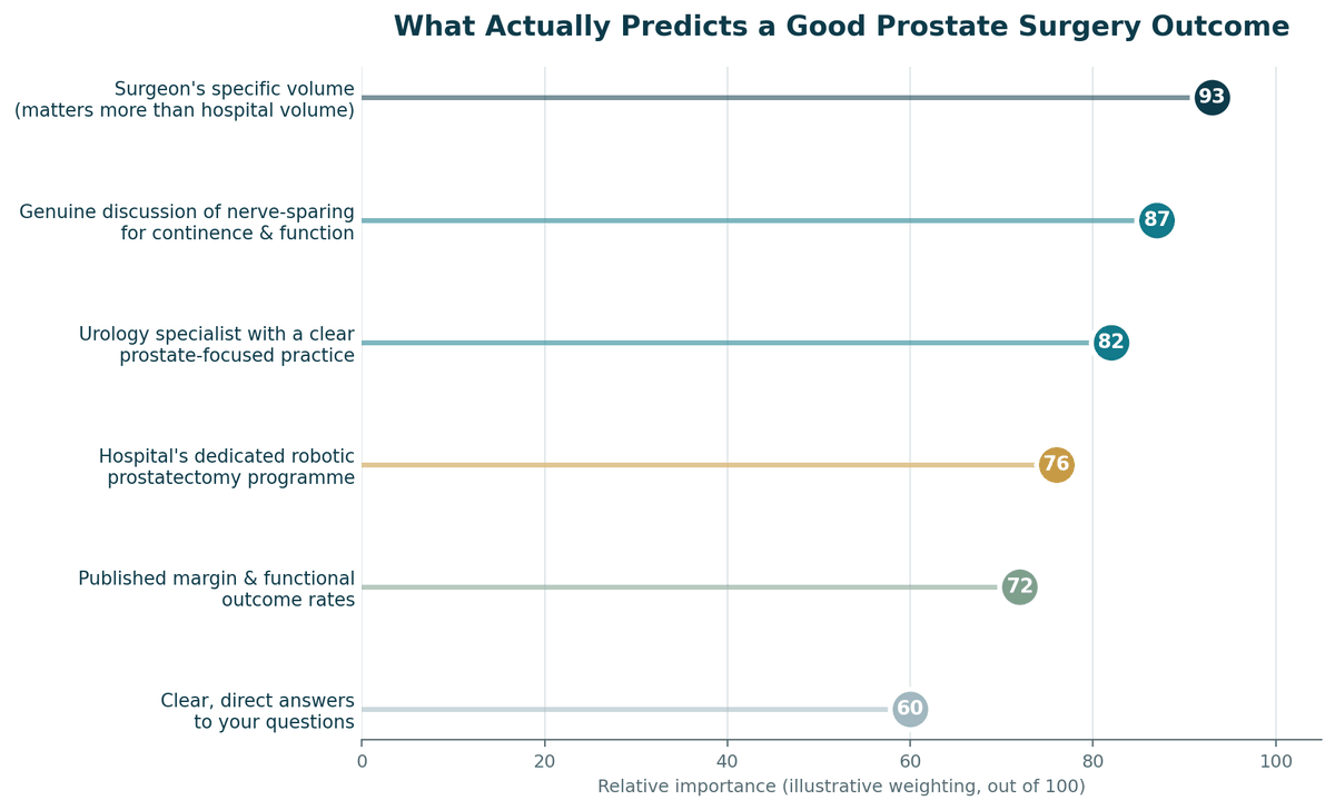 Chart, what predicts a good outcome for Prostate Surgery in India, illustrative relative weighting.