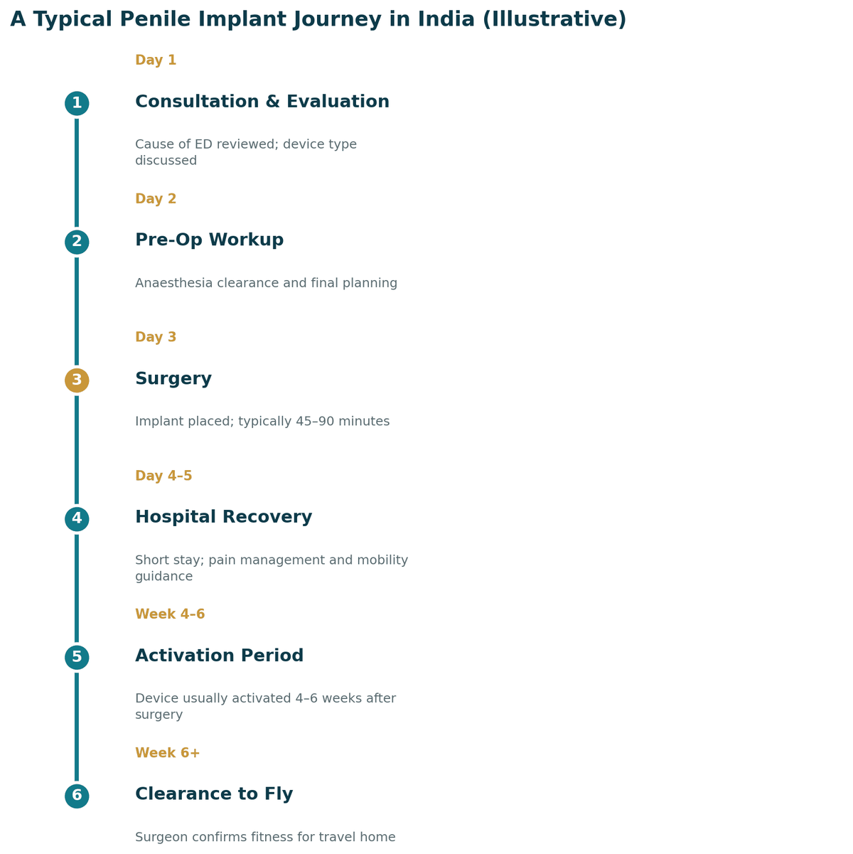 A typical penile implant surgery journey in India, illustrative: day 1 consultation; day 2 pre-operative work-up; day 3 implant surgery; days 4 to 5 hospital recovery; weeks 4 to 6 activation period; from week 6 clearance to fly. Individual timelines can vary.