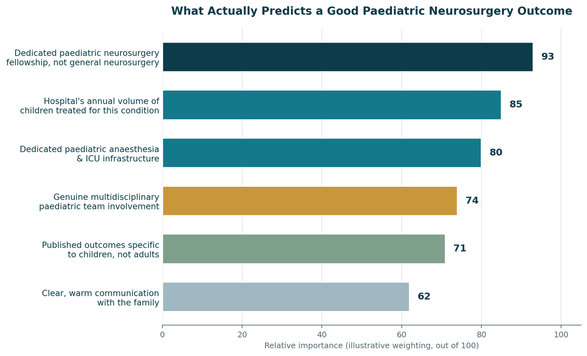 Chart, what predicts a good outcome for Paediatric Neurosurgery in India, illustrative relative weighting.