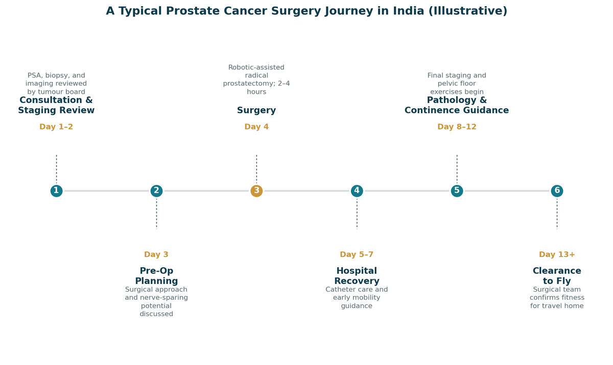 A typical prostate cancer surgery journey in India, illustrative: days 1 to 2 PSA, biopsy and imaging review; day 3 pre-operative planning; day 4 robotic prostatectomy; days 5 to 7 hospital recovery; days 8 to 12 final pathology and pelvic-floor guidance; from day 13 clearance to fly.
