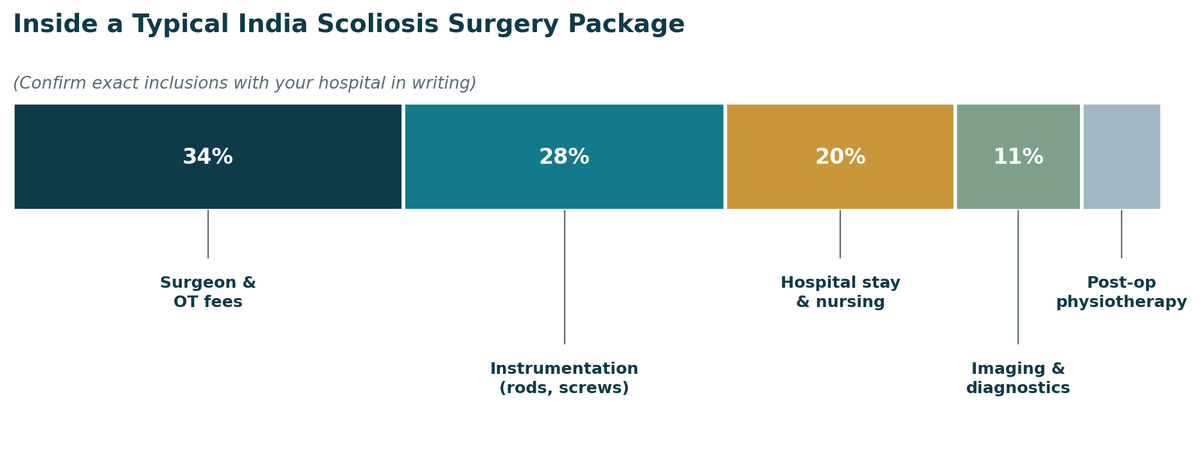 Inside a typical India scoliosis surgery package: surgeon and OT fees 34%, instrumentation such as rods and screws 28%, hospital stay and nursing 20%, imaging and diagnostics 11%, post-operative physiotherapy 7%. Confirm exact inclusions with your hospital in writing.