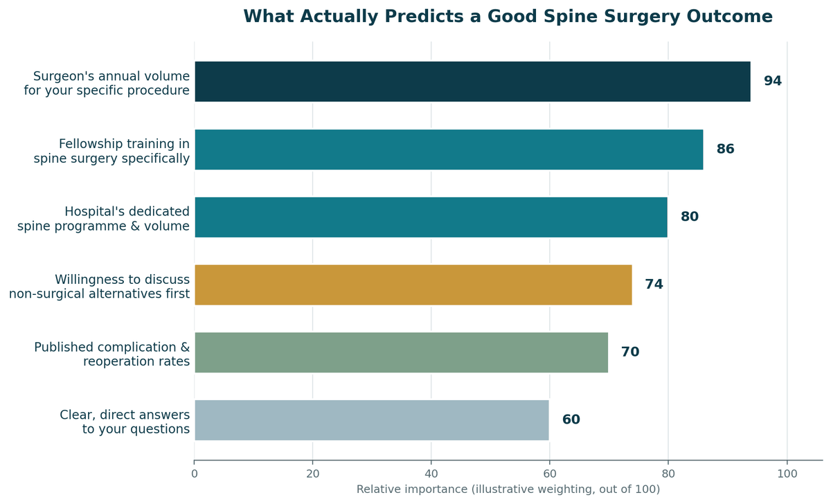 Chart, what predicts a good outcome for Spine Surgery in India, illustrative relative weighting.